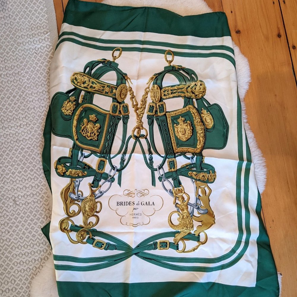 HERMES 1957 Hugo Grygkar Brides De Gala Green Ivory Silk Equestrian Scarf France